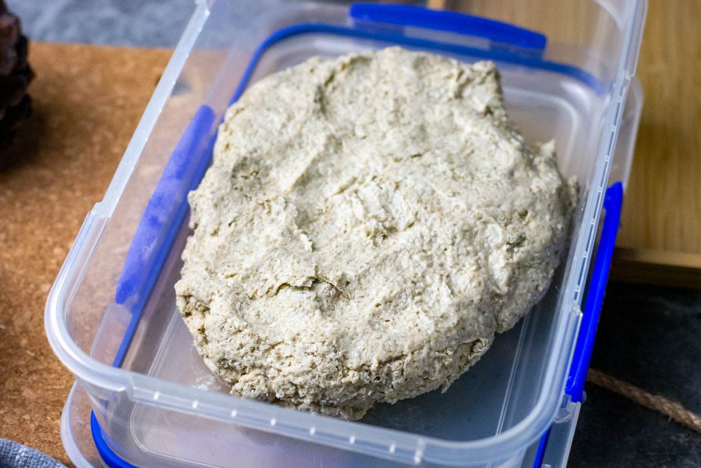 Rye Sourdough levain straight after mixing in a plastic container.