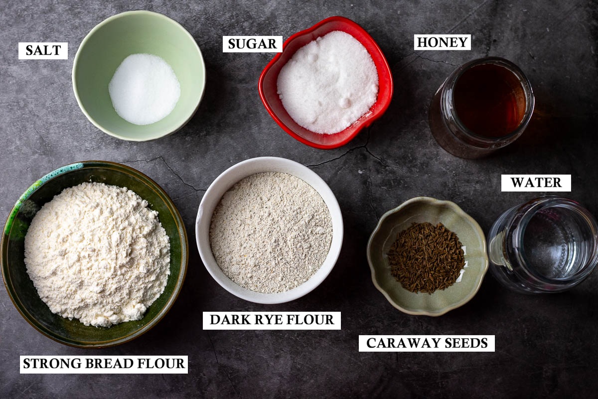 Ingredients for Lithuanian Sourdough Rye Bread.