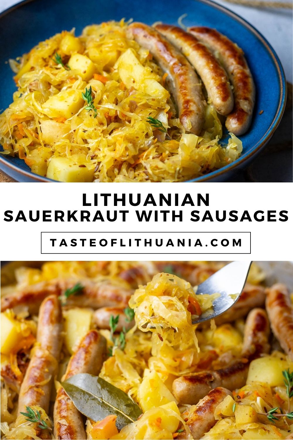 A collage of two photos showing Lithuanian sauerkraut with sausages and potaoes in a pan, and then served in a bowl. Pin for Pinterest.