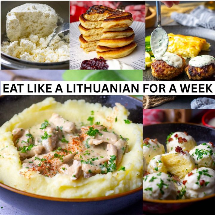 A collage of photos showcasing what Lithuanians may eat on a typicall weak.