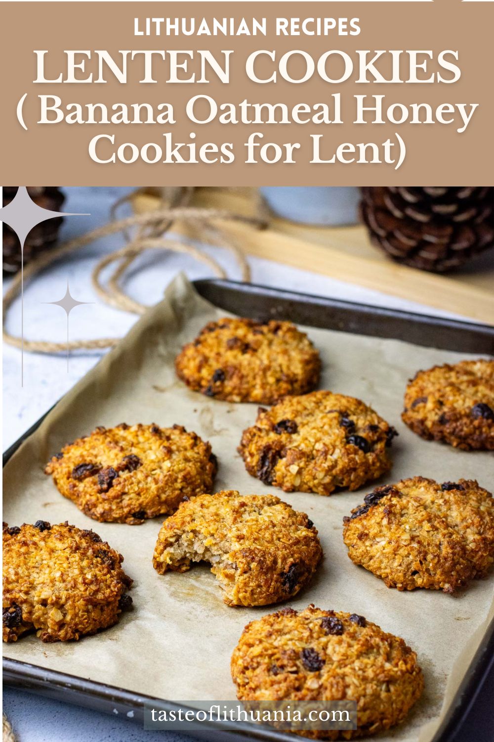 Lithuanian Banana, oatmeal honey cookies on a parchment paper lined baking tray. Pin for Pinterest. 