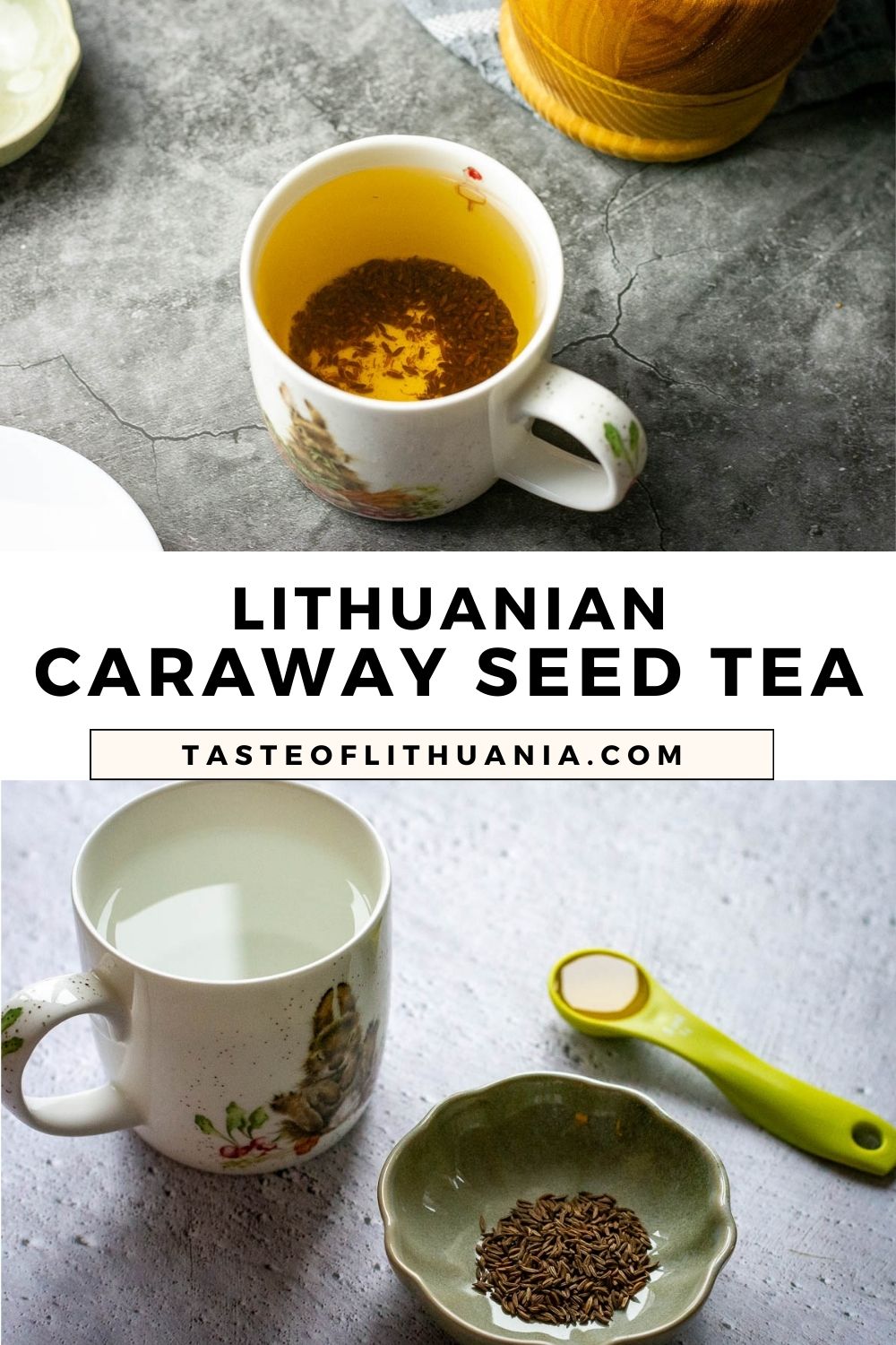 Lithuanian Caraway Seed Tea in a mug and ingredients required to make it. Pin for Pinterest. 