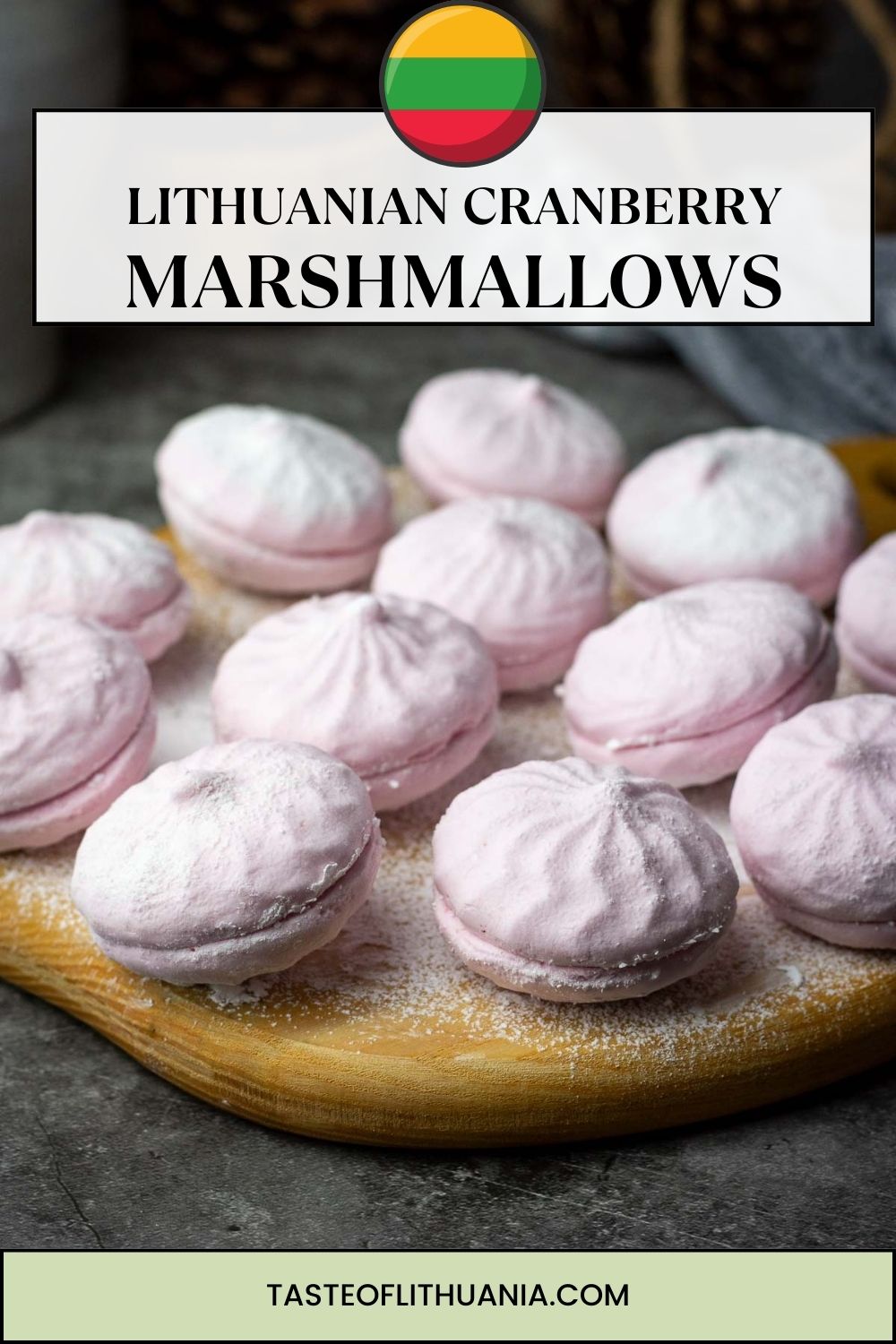 Zefyrai, Lithuanian marshmallows on a wooden board. Pin for Pinterest.
