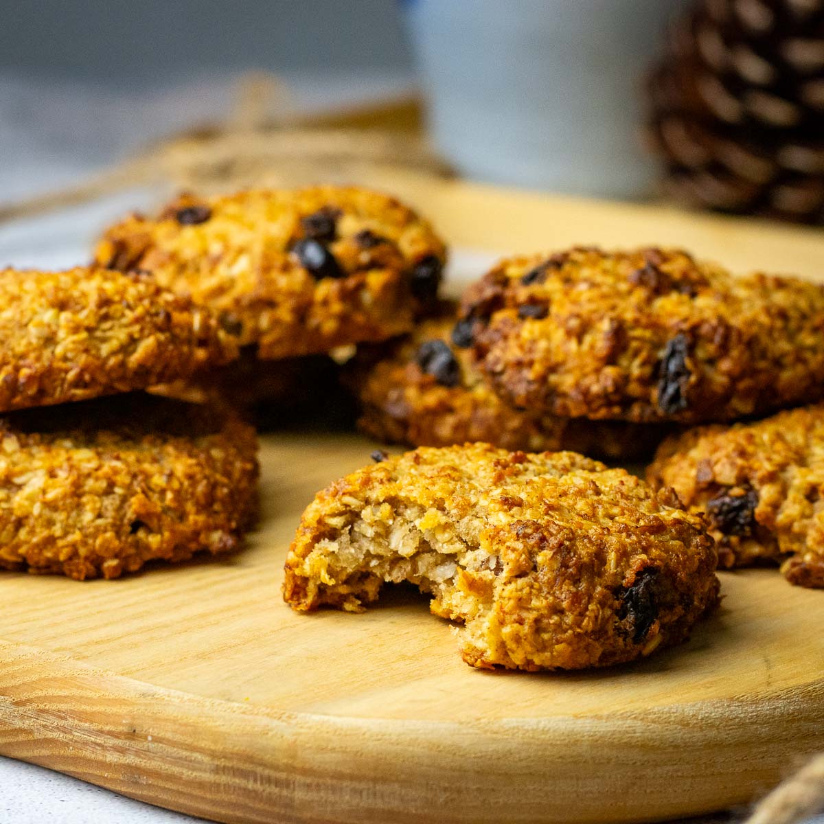Lithuanian Lenten Cookies with oatmeal, banana and honey on a wooden board. 