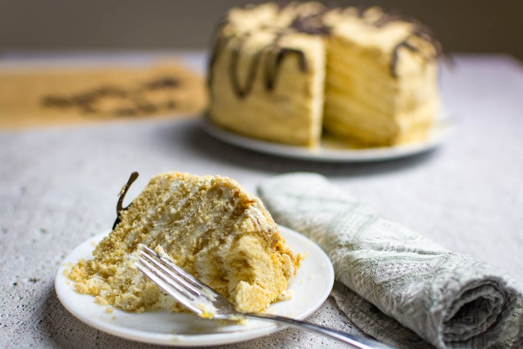 Lithuanian Honey cake made with with tea toaked cookies, also known as Medutis.