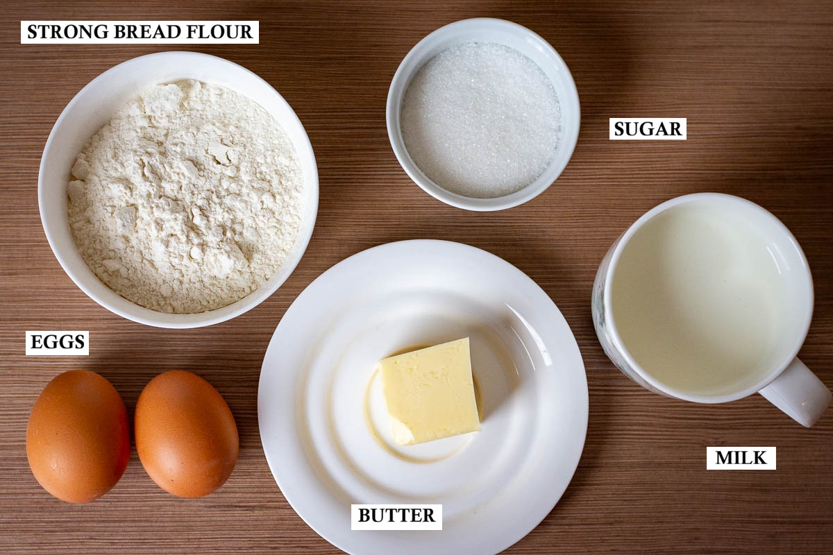 Labelled ingredients for Choux pastry-style Lithuanian cookies.