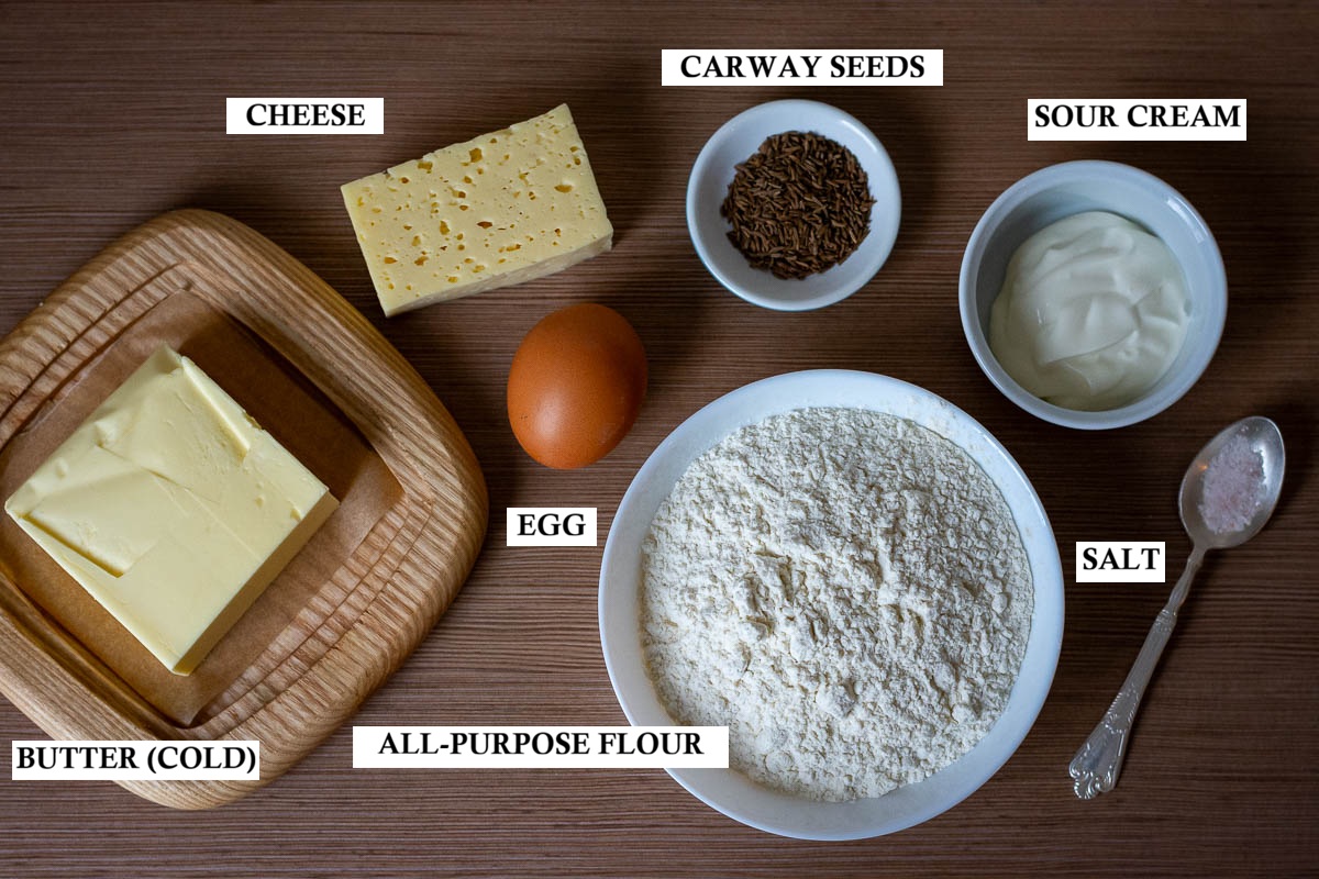 Labeled ingredients for Cheese and Caraway Seed Straws. 