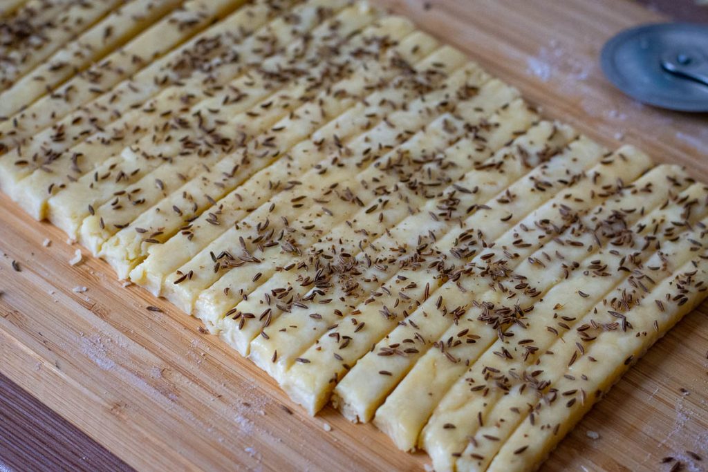 caraway seeds sprinkled on top of the Lithuanian cheese sticks. 