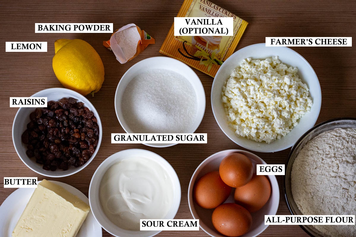 Labeled ingredients for Lithuanian Easter Cake.
