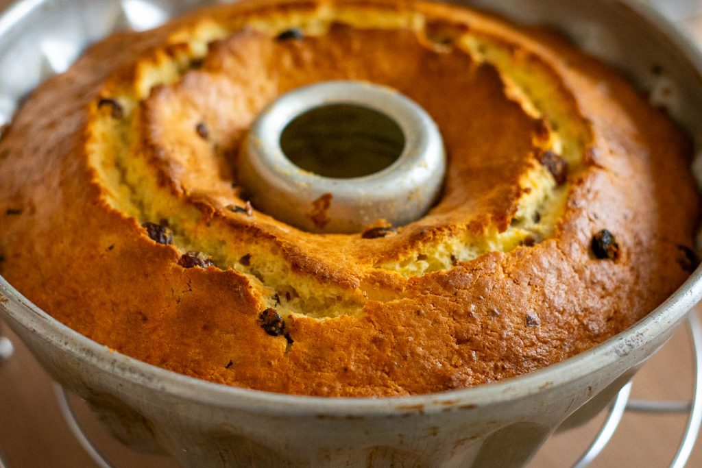 Baked Easter Bundt cake resting in a pan.