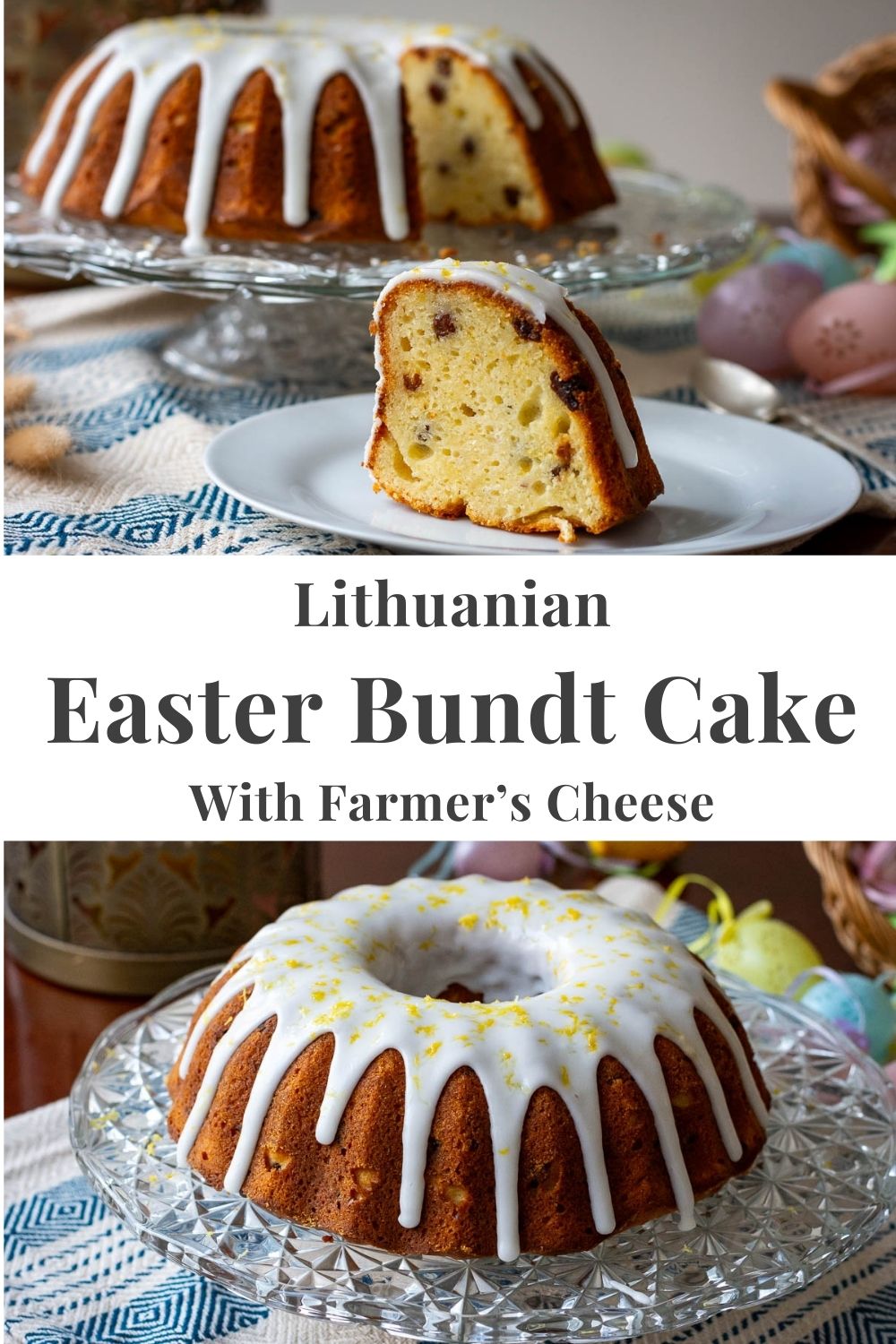 Lithuanian Easter Cake with farmer's cheese: a slice on a plate. Pin for Pinterest.