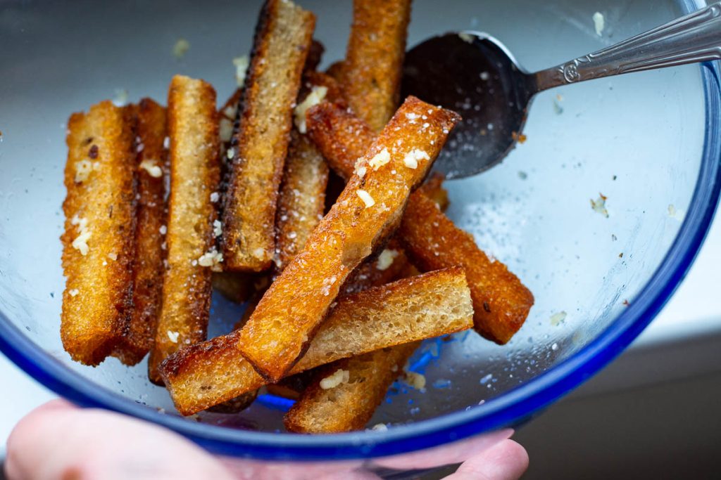 Lithuanian garlic bread tossed with garlic. 