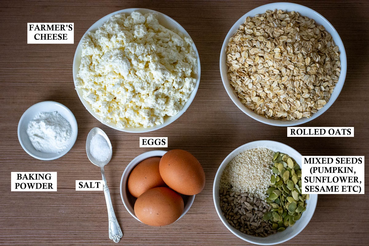 Labeled ingredients for Lithuanian high protein gliten free oat and seed bread with farmers cheese.