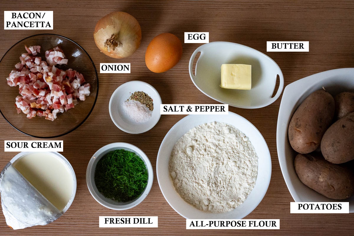 Labeled ingredients for the Lithuanian Svilpikai with bacon and cream sauce.