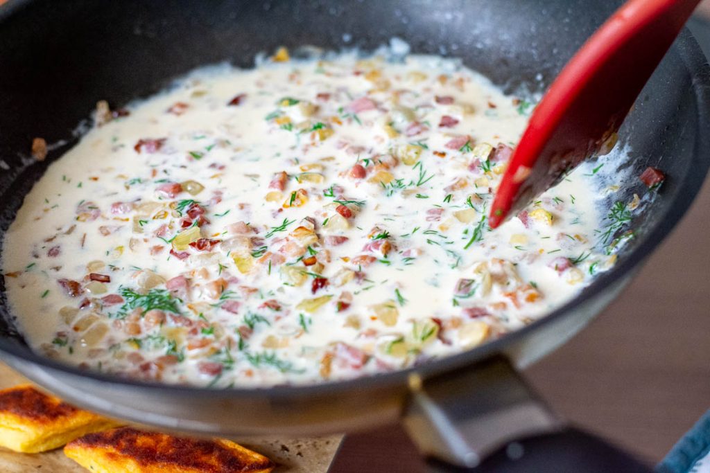 Cream and Bacon sauce with dill for Lithuanian svilpikai.
