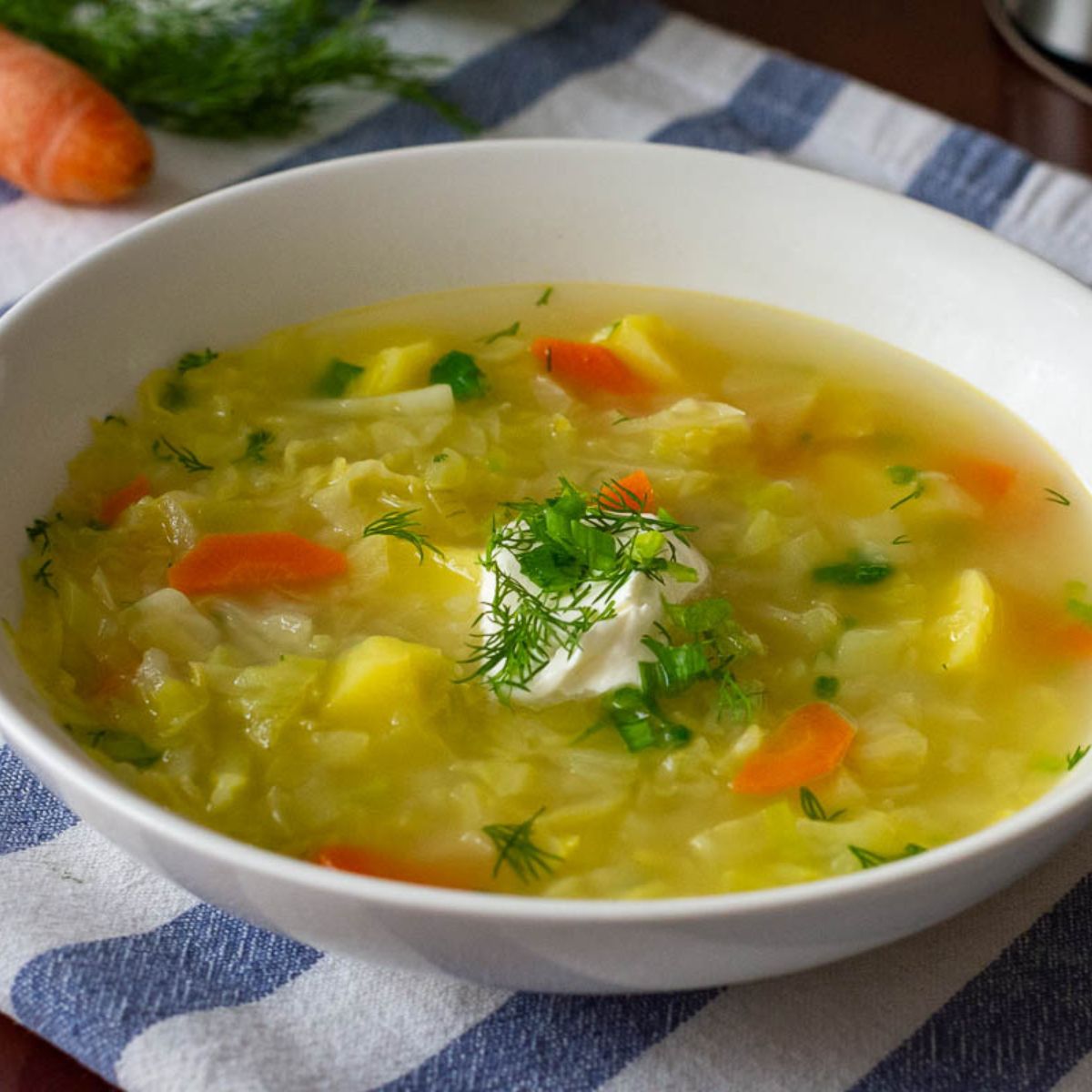 Lithuanian Cabbage Soup With a dollop of sour cream and fresh dill garnish.