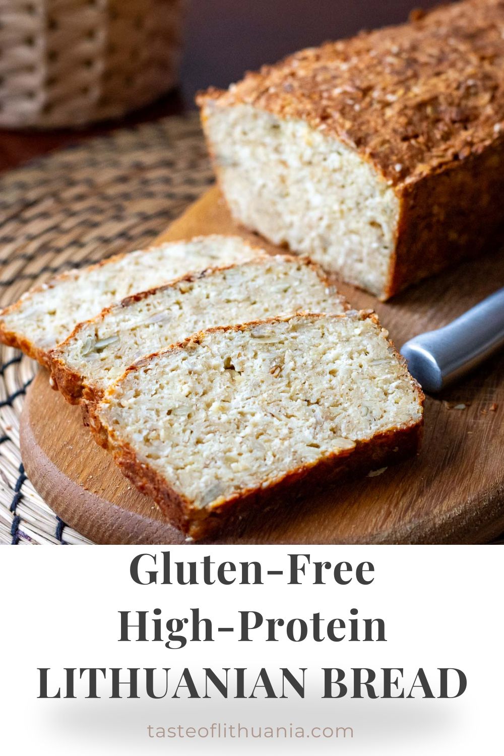 Three slices of high protein, gluten-free Lithuanian bread on a wooden board. Pin for Pinterest.