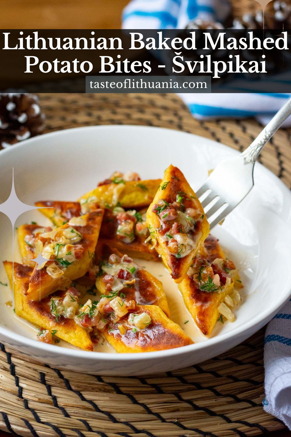 A Lithuanian baked mashed potato bite being picked up form a bowlful of Svilpikai. Pin for Pinterest.