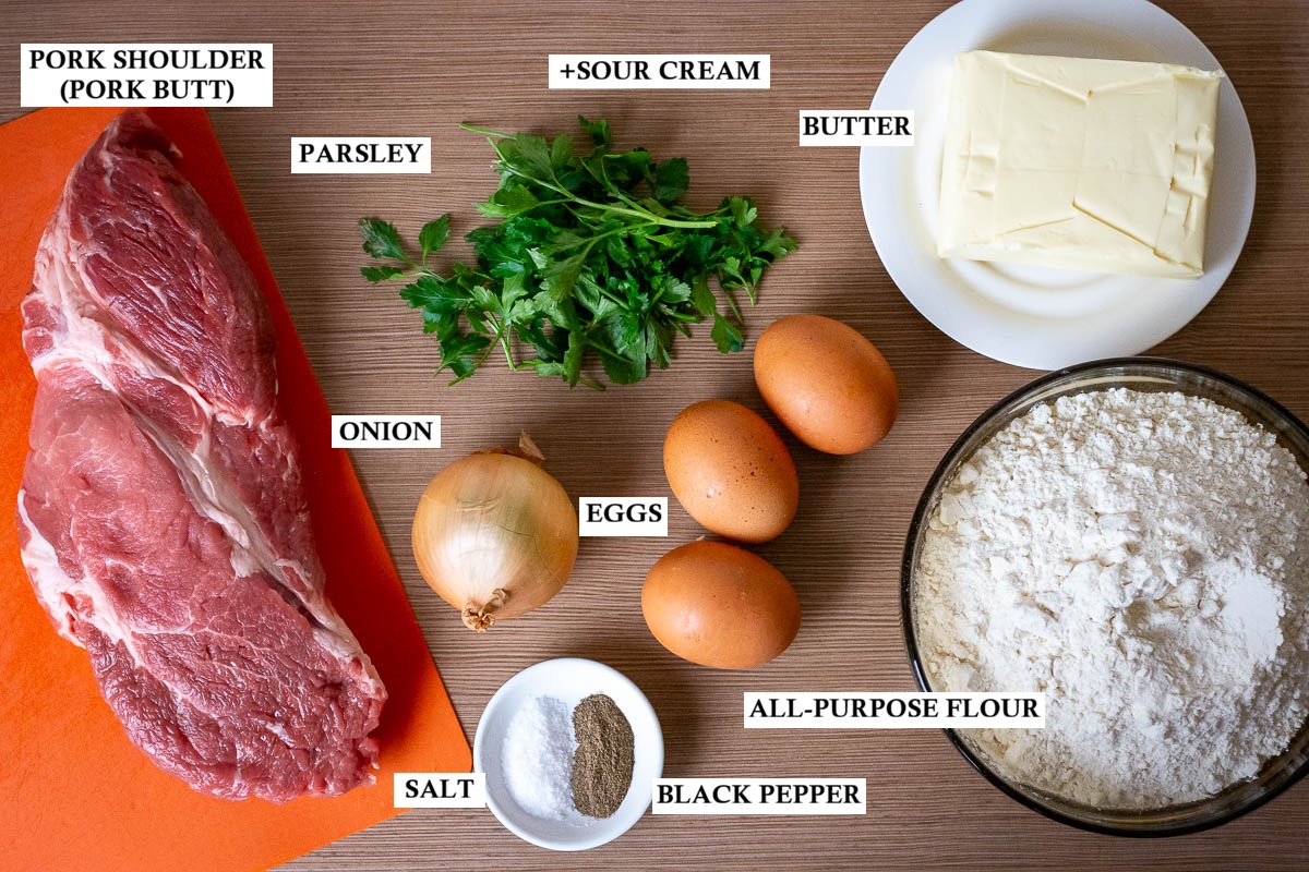 Labeled ingredients for Lithuanian Meat Stuffed handheld pies known as kibinai.