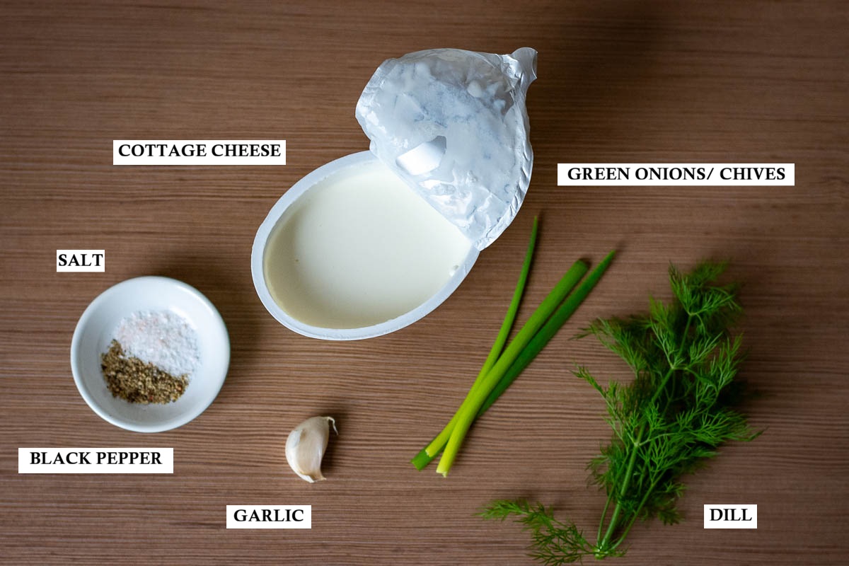 Labelled ingredients for Lithuanian cottage cheese dip.