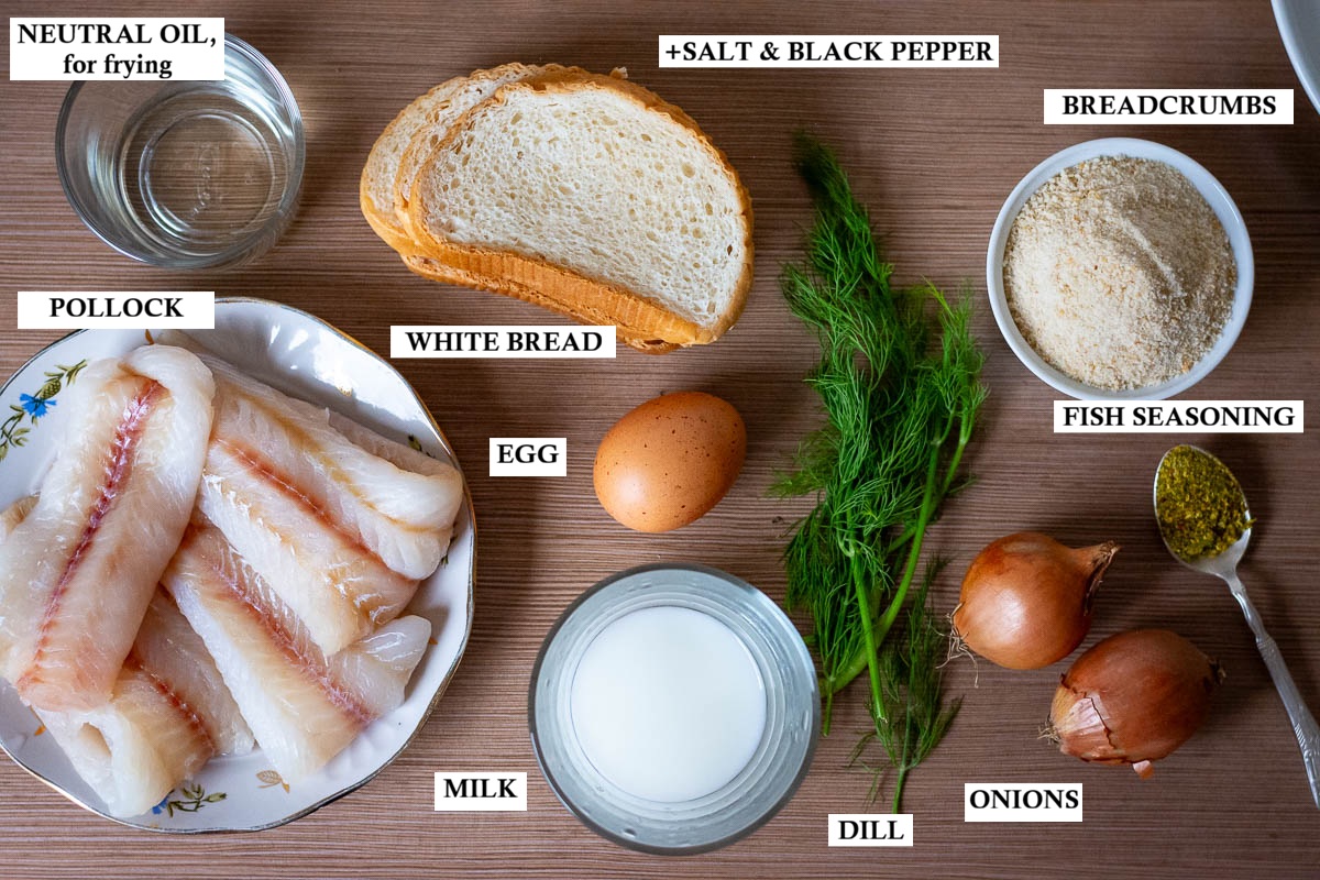 Labeled ingredients needed to make Lithuanian Fish Cakes, Lithuanian fish cakes, known as žuvies kotletai.
