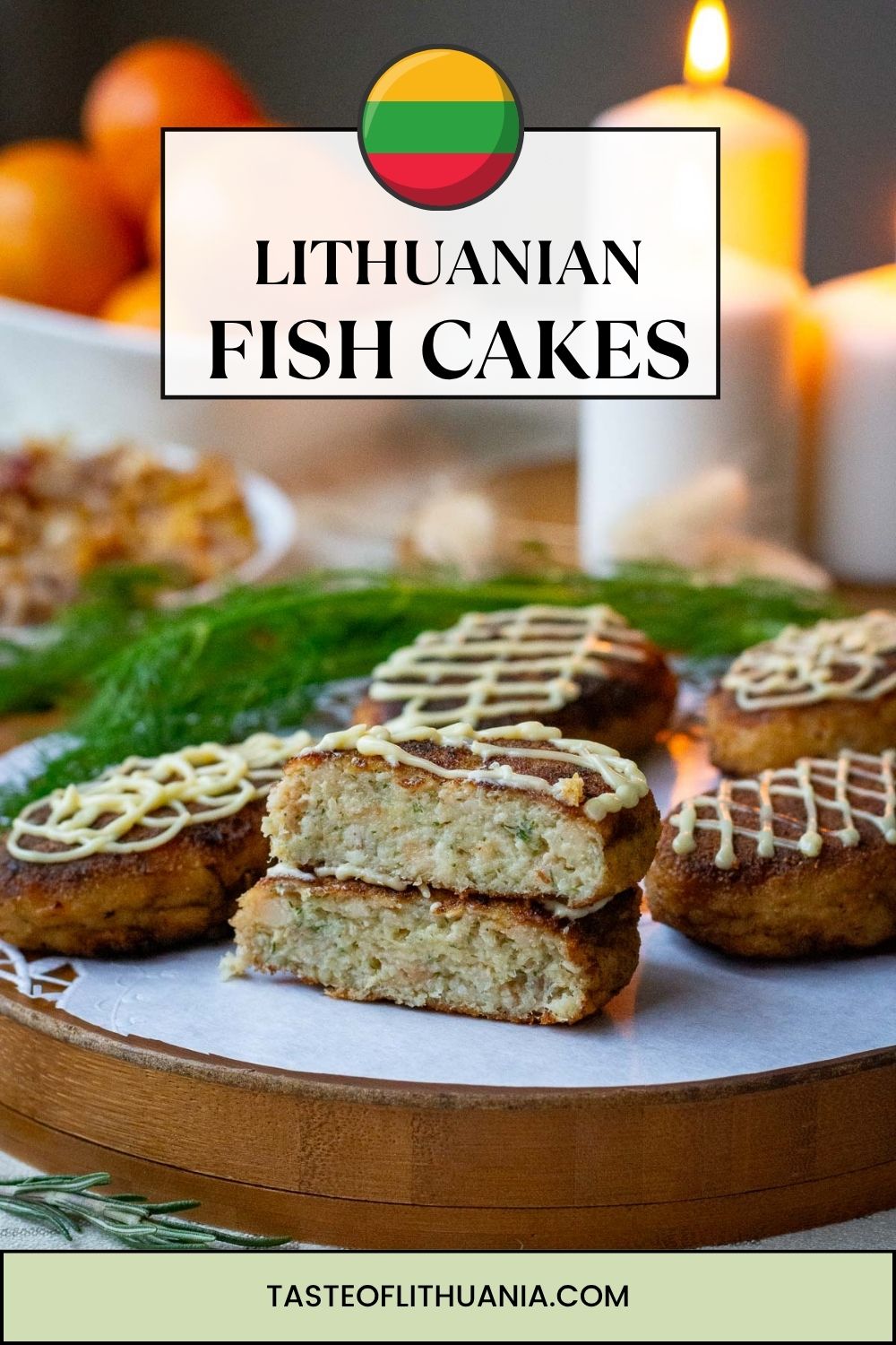 Lithuanian fish cakes on a wooden board with one cut in half. Pin for Pinterest.