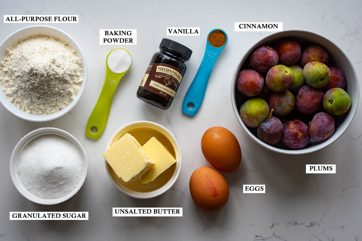 Labelled ingredients for Lithuanian Plum Cake with Streusel Topping.