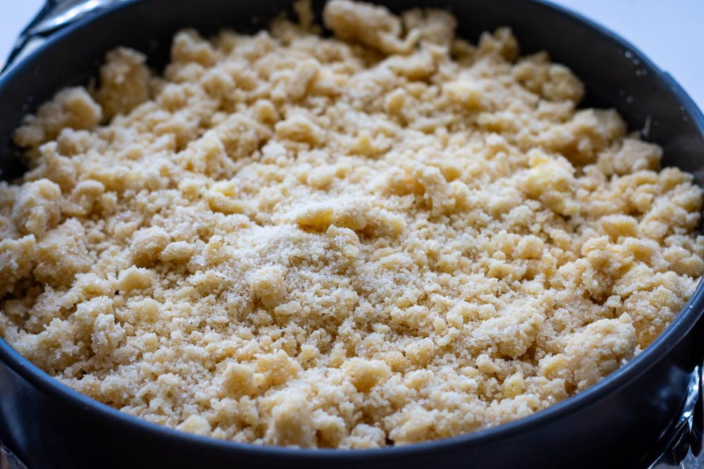 Cinnamon streusel crumbs scaterred on top of the plums.