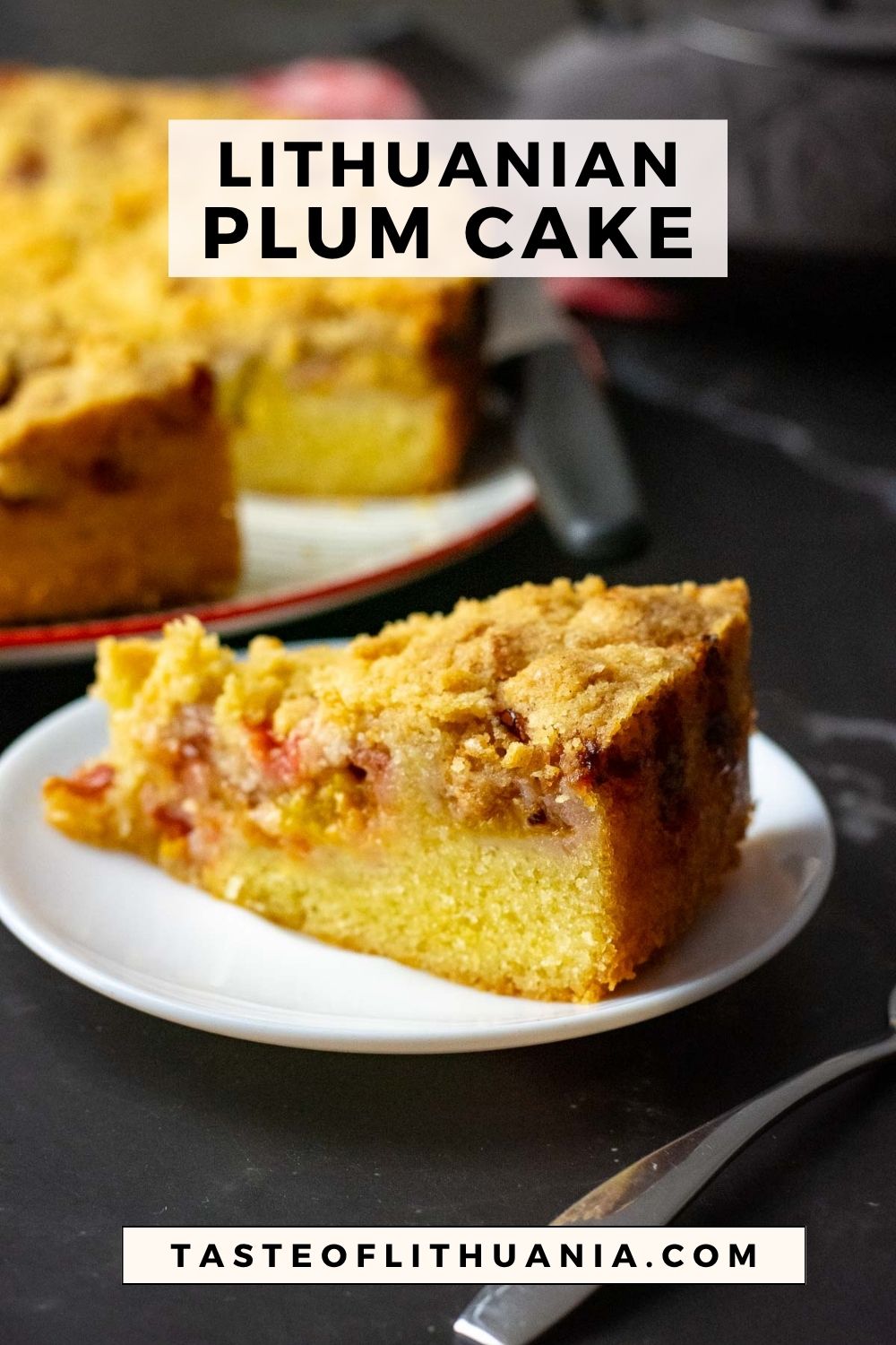 A slice of Lithuanian plum cake with crumb topping on a small white plate with the rest of the cake in the background. Pin for Pinterest.