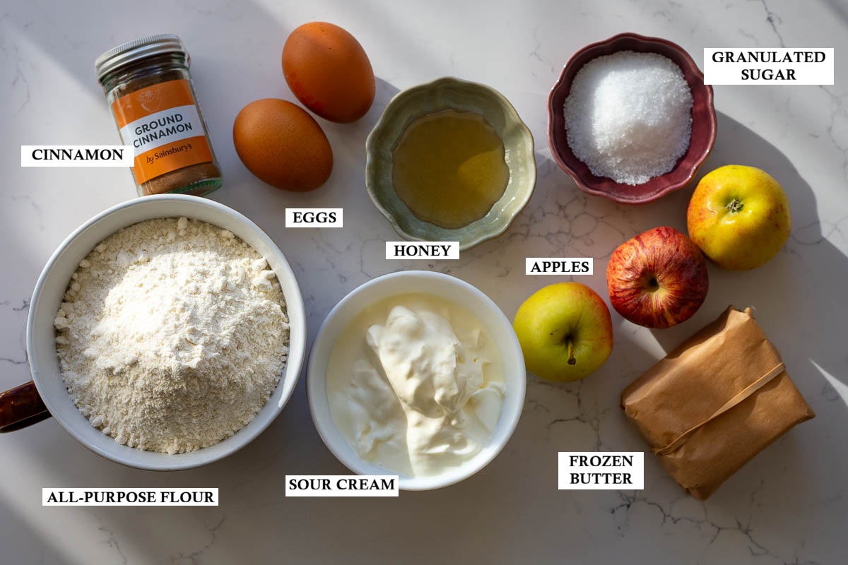 Labelled ingredients for Lithuanian mini apple pastries.