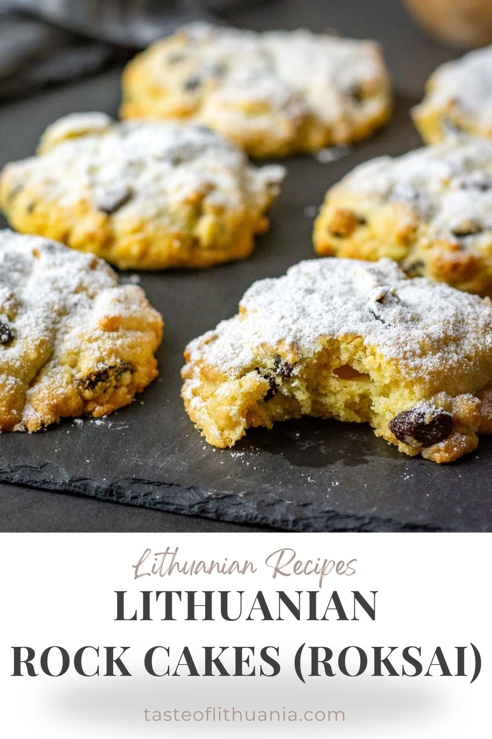 Lithuanian Rock Cakes, known as Roksai, on a black serving board, dusted with powdered sugar. Pin for Pinterest.